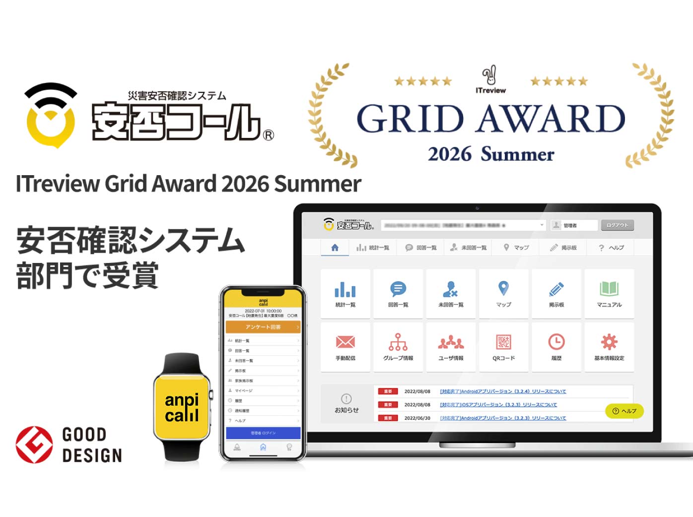 安否確認システム「安否コール」、ITreview Grid Award 2026 Summer 受賞
