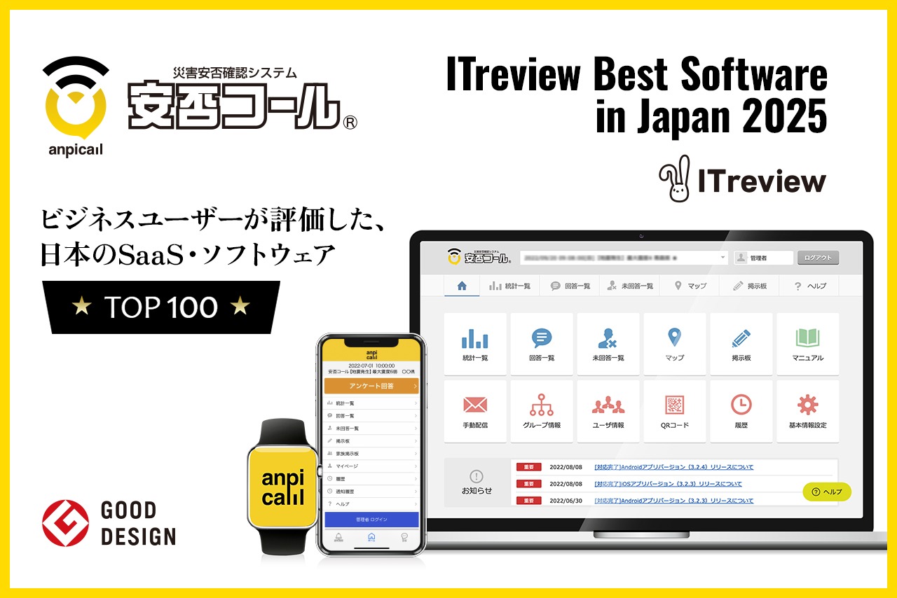 安否確認システム「安否コール」がITreview Best Software in Japan 2025のTOP 100に選出!