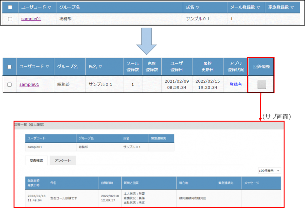 1. ユーザ情報から回答履歴の閲覧が可能のPC管理画面の場合