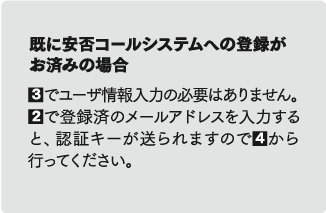 既に安否コールシステムへの登録がお済みの場合 3.でユーザ情報入力の必要はありません。2.で登録済のメールアドレスを入力すると、認証キーが送られますので4.から行ってください。